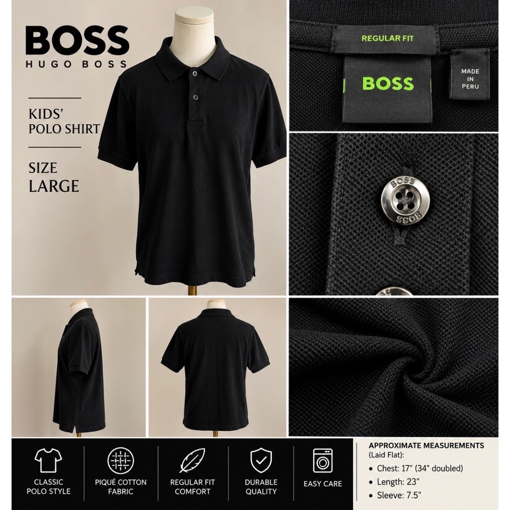 Hugo Boss Kids Polo Shirt Black Pique Cotton Regular Fit Size Large